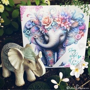 “Wild At Heart” Elephant Art – Boho Whimsical 16x16” Canvas Print Wall Decor